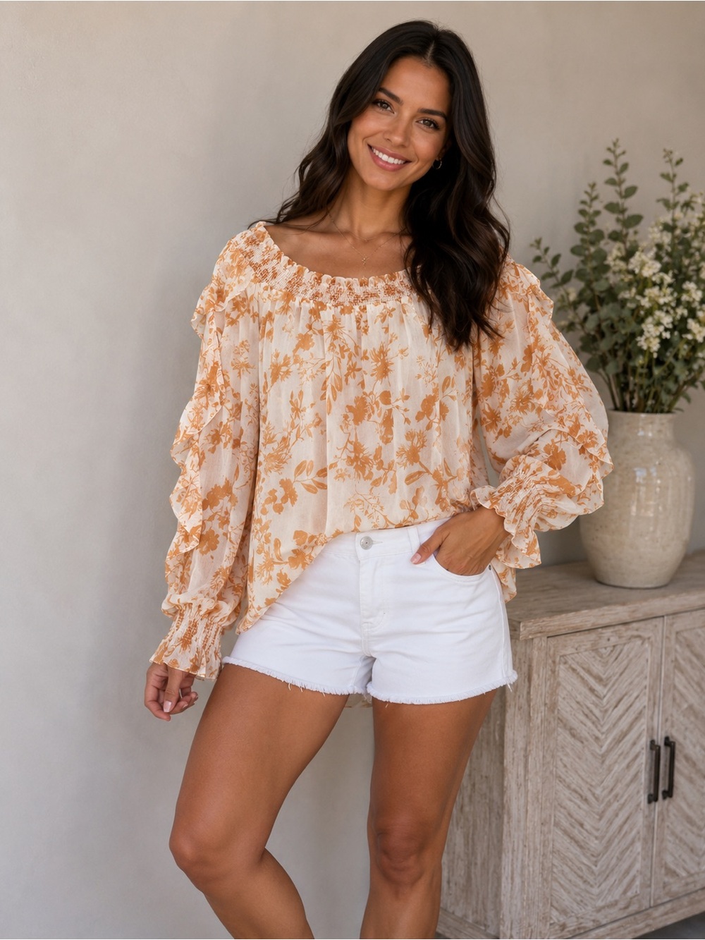 Peach Floral Smocked Off-Shoulder Blouse for Women